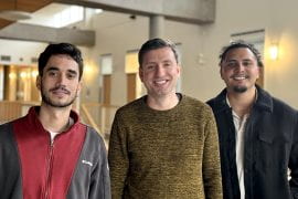 <p>“Both APOBEC3A and APOBEC3B were known to generate mutations in many kinds of tumors, but until now we did not know how to identify the specific type caused by each,” says the study’s corresponding author, Rémi Buisson (center), UCI assistant professor of biological chemistry. He’s flanked by postdoctoral fellow Pedro Ortega (left) and graduate student Ambrocio Sanchez, UCI researchers who developed a new method to characterize the particular kind of DNA modified by the enzymes.  UCI School of Medicine</p>
 