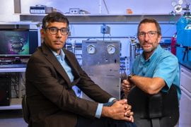 <p>M.J. Abdolhosseini Qomi (left) and Russell Detwiler, both associate professors of civil and environmental engineering, are co-principal investigators for the new Center for Understanding Subsurface Signals and Permeability. Steve Zylius / UCI</p>
