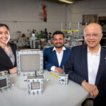 <p>(Left to Right) Dana Hernandez, Siva Bandaru, and Ashok Gadgil, Physicist Senior Faculty Scientist/Engineer, Energy Technologies Area (ETA), with the arsenic filters they developed photographed at Gadgils lab on the UC Berkeley campus, Berkeley, California, 03/27/2023.</p>
