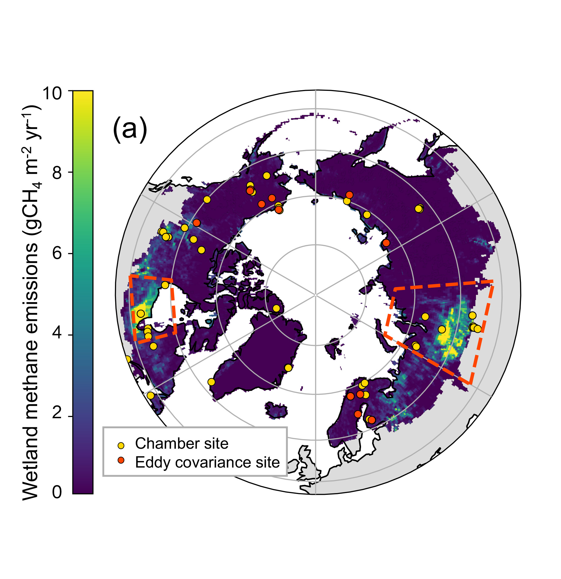 <p>Map from publication that shows specific location and size of wetland methane hotspots in the Arctic and Boreal region. (Credit: Berkeley Lab)</p>
